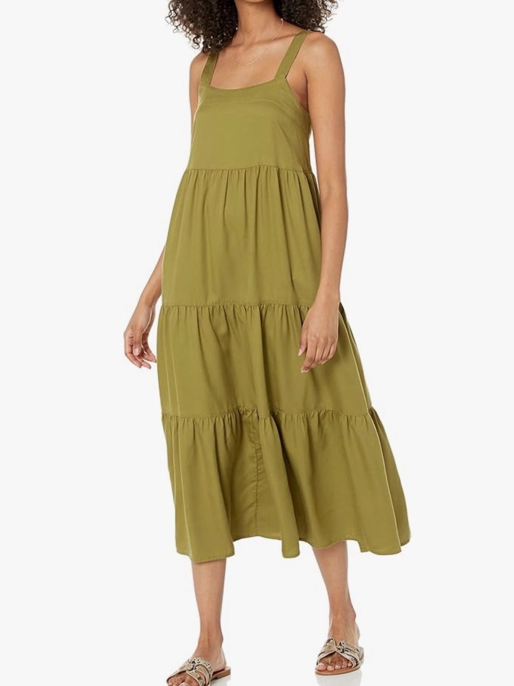 The Drop Olive Green Tiered Midi Sundress with Pockets  Sz Small